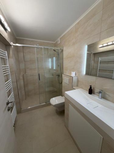 a bathroom with a shower and a toilet and a sink at WiLDBED DE in Bad Wildbad
