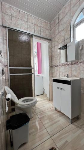 a bathroom with a toilet and a sink at Pousada Bela Vista in Castro