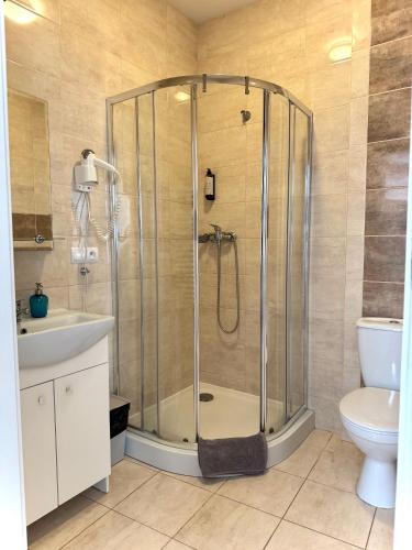 a bathroom with a shower with a toilet and a sink at Sandomiria in Sandomierz