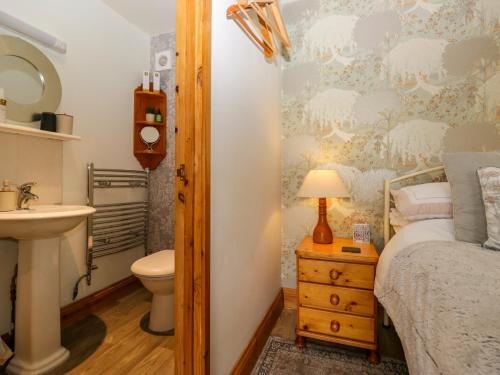 a bedroom with a bed and a sink and a toilet at La'al Yan in Workington