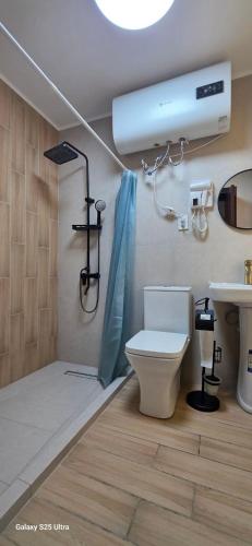 a bathroom with a shower and a toilet and a sink at Archa hotel in Osh