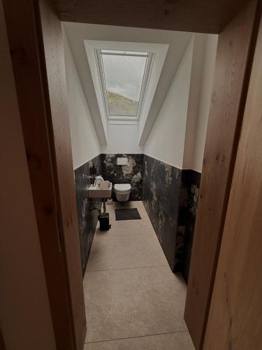 a bathroom with a skylight and a sink and a toilet at Collis Hill Chalets & Hotel in Kals am Großglockner