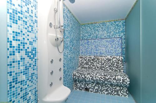 a blue bathroom with a shower and a toilet at Dizma Welness Apartmani in Duće