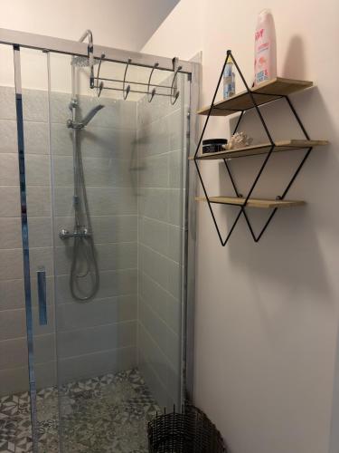 un bagno con doccia con box doccia in vetro di Pērles a Līgatne