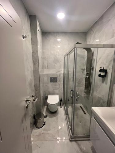 a bathroom with a shower and a toilet and a sink at Sesse suit in Istanbul