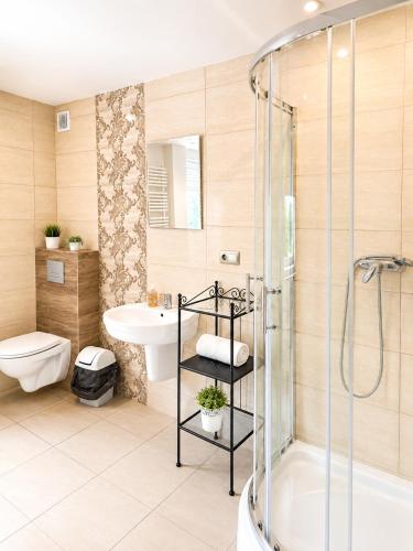 a bathroom with a shower and a toilet and a sink at Pokoje nad Welem Lidzbark in Lidzbark