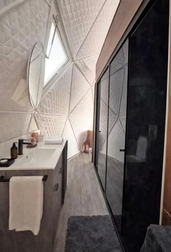 a bathroom with a sink and a mirror and a shower at Arequita Lodge in Minas