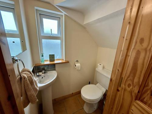 a bathroom with a toilet and a sink and a window at An Tulan Cleasach Spiddal in Spiddal