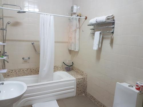 bagno con doccia, lavandino e servizi igienici di Peniel Apartments ad Abuja