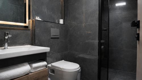 a bathroom with a toilet and a sink and a shower at Elazığ Mavigöl Otel in Sivrice