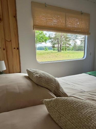 a bedroom with a window and two beds with pillows at Przystanek Natura in Gorczyca