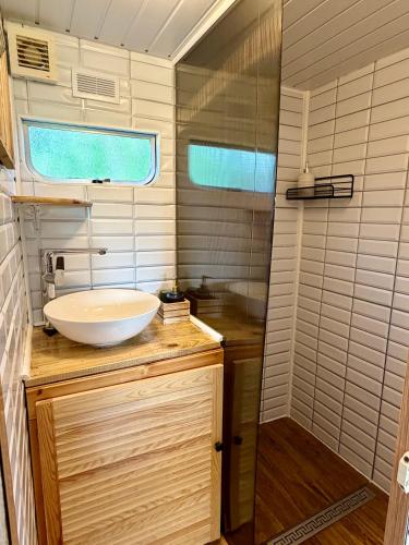 a small bathroom with a sink and a shower at Przystanek Natura in Gorczyca