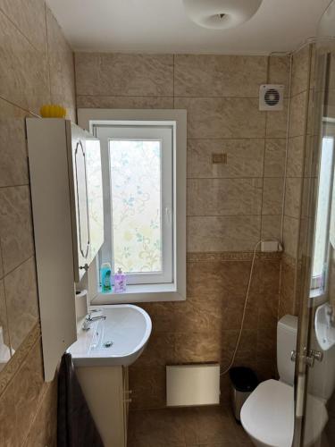 a bathroom with a sink and a toilet and a window at Arctic View Apartament Vardø in Vardø