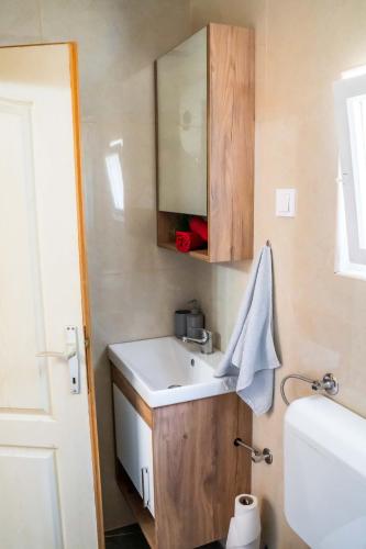a bathroom with a sink and a mirror at Lakeside Cabin in Jablanica