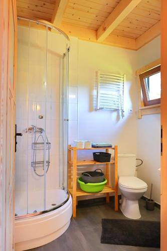 a bathroom with a shower and a toilet at Domki Wczasowe Mielenko in Mielenko