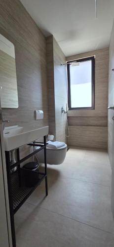 a bathroom with a sink and a toilet and a window at Emili Premium Residence in Qeparo