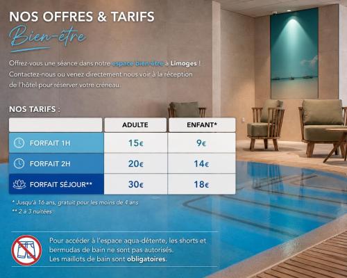 a flyer for a no offers and tariffs sign in a waiting room at Brit Hotel Limoges Centre Gare - Hôtel & Spa in Limoges