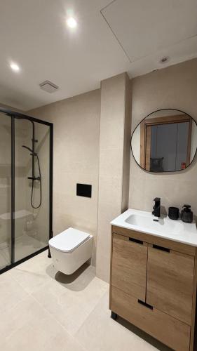 a bathroom with a toilet and a sink and a mirror at Avanel Private Pool Penthouse in Ronda