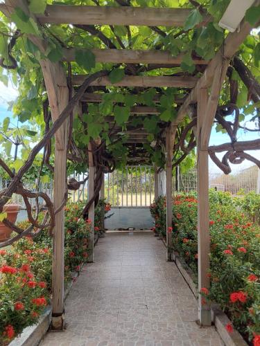a wooden pergola in a garden with flowers at Le Paradis des Anges - Retraite spirituelle & Douceurs des Caraïbes in Le Vauclin