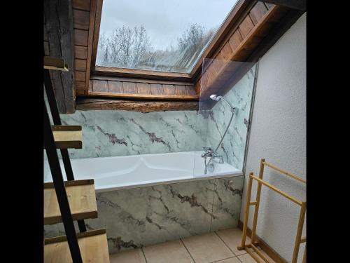a bathroom with a bath tub with a window at Acolin in Briançon