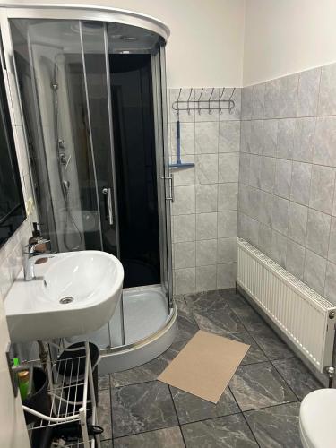 a bathroom with a sink and a shower at Baumanis klasika in Valmiera