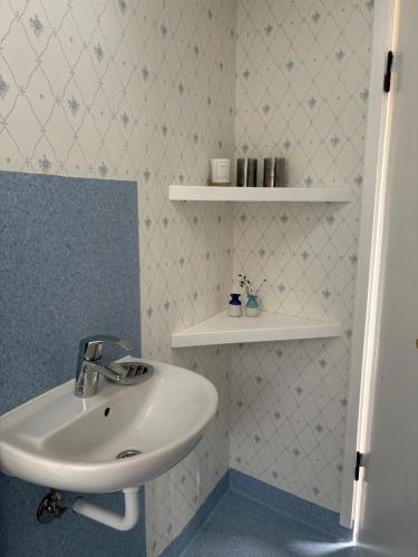 a bathroom with a sink and shelves on the wall at Skuret Maribo in Maribo