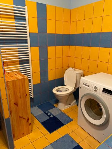 a bathroom with a toilet and a washing machine at Ubytování Adina in Velké Pavlovice