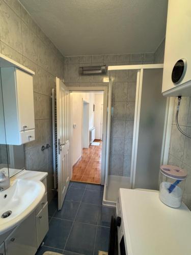 a bathroom with a sink and a toilet and a shower at Kuća za odmor NIMA in Gospić