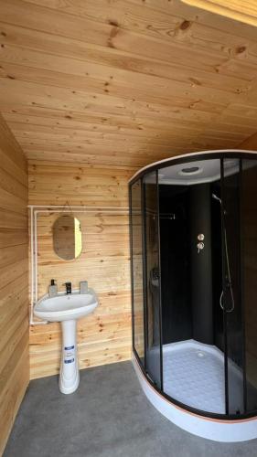 a bathroom with a sink and a glass shower at Kel-Suu Manap in Kol-Suu
