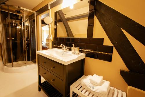 a bathroom with a sink and a shower at Chambres d’hôtes La Joyeuse in Préveranges