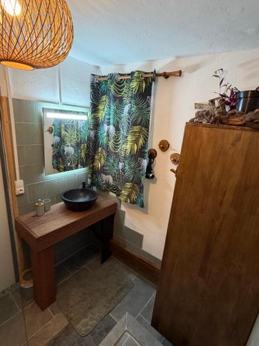a bathroom with a sink and a shower curtain at Chambre d'hôtes Jungle Hostel in Le Morne Rouge