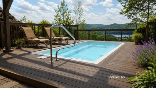 a swimming pool on a wooden deck with a table and chairs at Tremblant Prestige - Altitude 172-11 in Mont-Tremblant