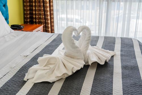 two swans making a heart shape on a bed at Hotel Libertad Pacasmayo in Pacasmayo