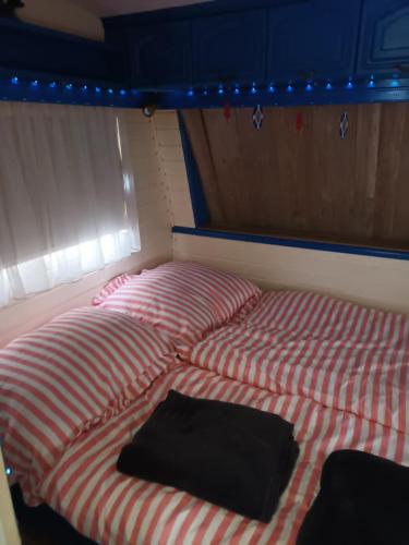a pair of beds in a room with at CHILLY WILLY Retro Caravan & Hot Tub in Jablonov nad Turnou