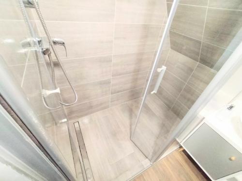 a shower with a glass door in a bathroom at Haus,Weinberg22 in Rüsselsheim