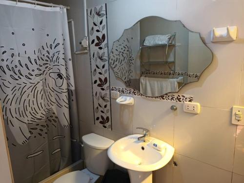 a bathroom with a sink and a toilet and a mirror at Yanahuara Urb Ibargüen in Arequipa