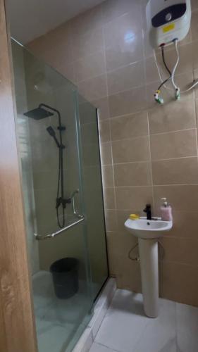 a bathroom with a glass shower and a sink at Emilomo Luxury Apartment in Idowu