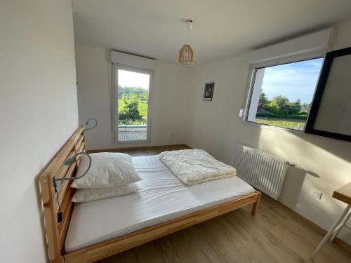 a bedroom with a bed in a room with two windows at Maison avec accès piscine partagée in Colmar