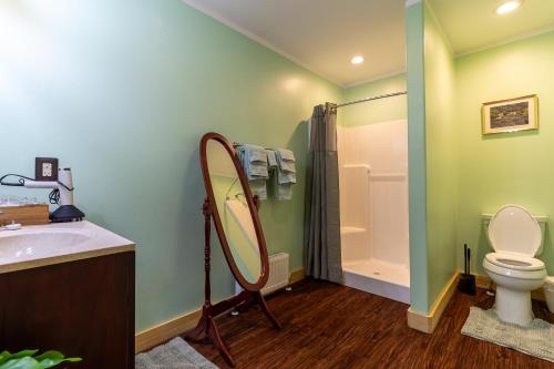 a bathroom with a sink and a mirror and a toilet at Alaska Adventures Lodge in Seward