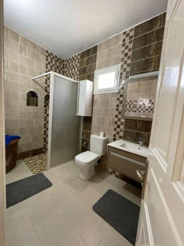 a bathroom with a toilet and a sink and a shower at Dar Souleyman in Midoun