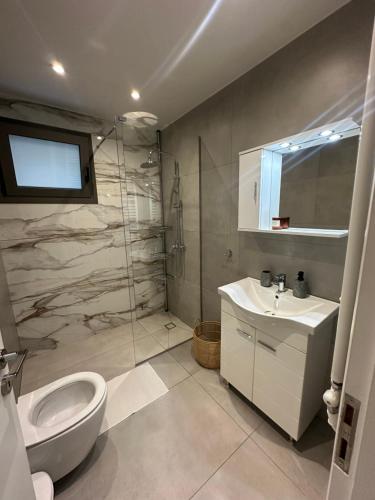 a bathroom with a toilet and a sink and a shower at Eleonora apartment in Porto Rafti