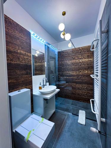 a bathroom with a sink and a toilet and a mirror at Luxury Apartments C in Braşov
