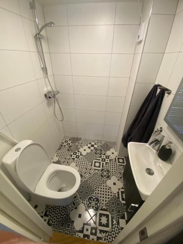 a bathroom with a toilet and a sink at Lägenhet nära badplatser, Önnered in Gothenburg