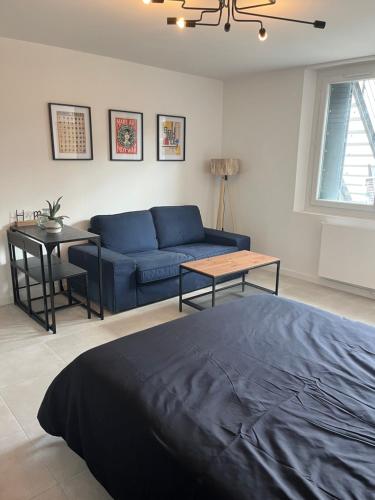 a living room with a blue couch and a table at Le studio signature in Vedène