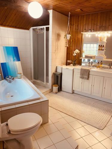 a bathroom with a tub and a toilet and a sink at CHEZ LOU - Grand espace cosy 60 m2 entrée indépendante dans maison privée au calme in Bucey-lès-Gy