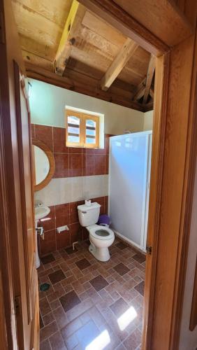 a bathroom with a toilet and a sink at Cabaña Oasis Ixmiquilpan in Ixmiquilpan