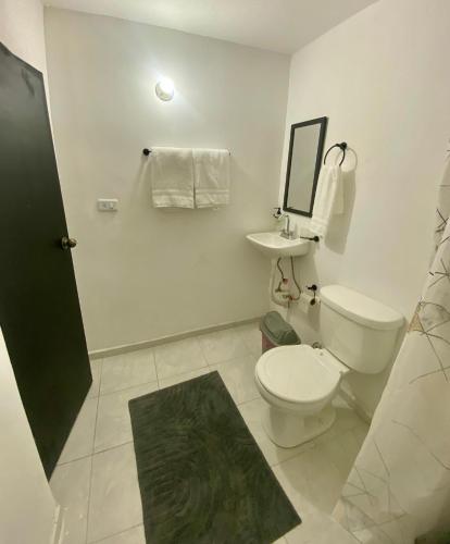 a bathroom with a white toilet and a sink at Depas Expo Estadio in Monterrey