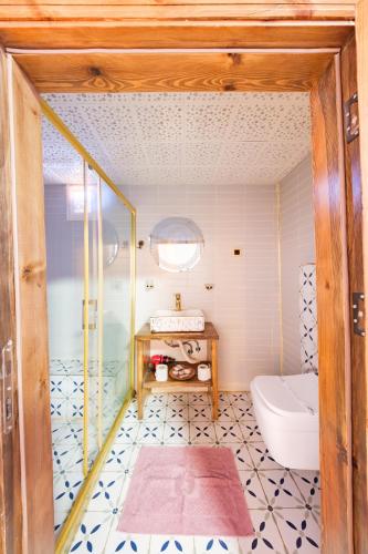 a bathroom with a shower and a toilet at BABIL ANTIQUE HOTEL in Urfa