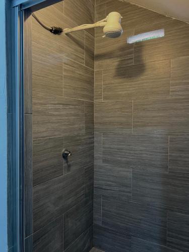 a bathroom with a shower with brown tiles at Golden Isles Paradise in Port-of-Spain