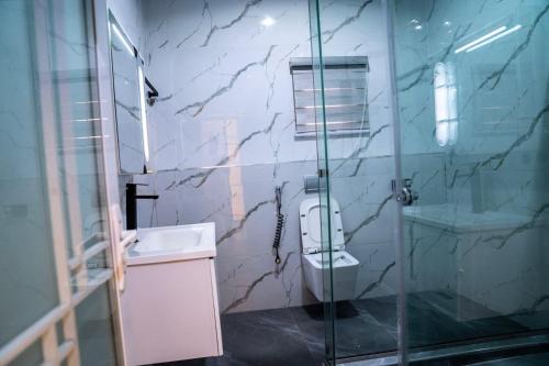 a bathroom with a glass shower and a toilet at CozyKeys luxurious Apartment in Abuja